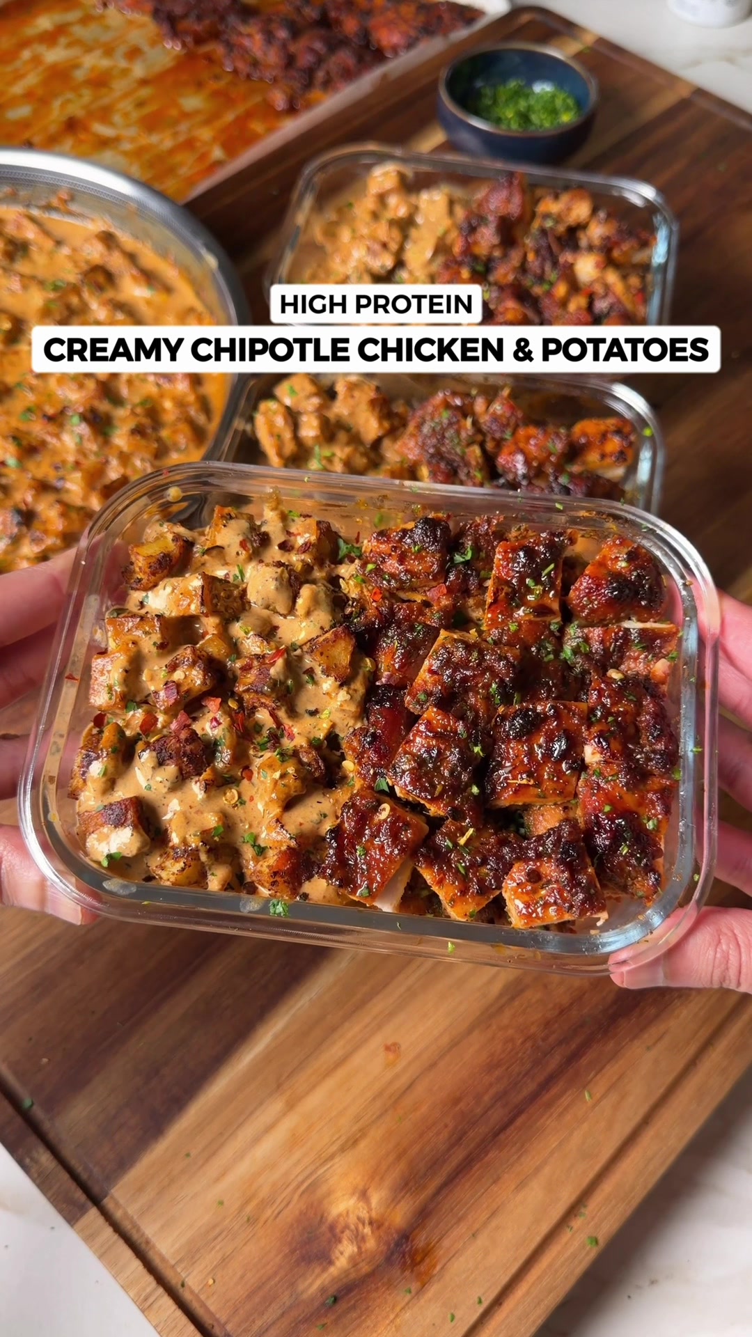 Creamy Chipotle Chicken & Potatoes🍗🍟🧀 One of the most indulgent meal prep recipes, so creamy, rich in flavour and packed with protein. Using a sheet pan is a game changer for batch cooking🔥 Macros Per Serving (6 Total) 548 Calories | 51g Protein | 52g Carbs | 17g Fat Ingredients (Makes 6 Servings) Chipotle Chicken Marinade - 1200g Raw Boneless Chicken Thighs, trim excess fat - 2.5 Tsp Salt - 3 Tsp Parsley - 3 Tsp Garlic Powder - 3 Tsp Smoked Paprika - 2.5 Tsp Cumin - 3 Tsp Onion Powder - 100g Chipotle Paste - 1 and 1/2 Limes, juiced - 30g or 6 Tsp Olive Oil Let this marinate overnight if possible, way more flavor! Crispy Seasoned Potatoes - 1300g Raw Yellow Potatoes, cubed - 2.5 Tsp Garlic Powder - 3 Tsp Italian Herbs - 3 Tsp Smoked Paprika - 2.5 Tsp Onion Powder - Avocado Cooking Spray, heavy pass Creamy Chipotle Sauce - 20g Light Butter - 150-200g Red Onion, finely chopped - 1.5 Tsp Salt - 2 Tsp Italian Herbs - 60-80g Chipotle Paste (depends how spicy you want it) - 400g Light Evaporated Milk - 110g Light Cream Cheese - Freshly Chopped Parsley, garnish 👨‍🍳 Cooking Instructions 1. Trim excess fat from chicken thighs. Add seasonings, chipotle paste, lime juice, and olive oil. Mix well and marinate. 2. Heat a large pan on low, add butter and chopped red onion. Cook for 5-7 mins until softened and lightly browned. Add seasonings and chipotle paste, mix, and cook for another 5 mins until caramelised. 3. Keep the heat low, add evaporated milk and cream cheese. Stir continuously until smooth, rich, and creamy. 4. Cube up potatoes, add seasoning and cooking spray, then mix well. Spread on a lined sheet pan and roast at 200C / 390F for 25 mins until golden and crispy. Season with salt, then fold into the sauce with fresh parsley until fully coated. 5. Spread marinated chicken on sheet pan, oven bake 25 mins 200C / 390F until golden and juicy. Cut into cubes, serve with creamy potatoes and ENJOY! . . . . #chipotle #chickenrecipes #mealprep #highprotein #healthyrecipes 