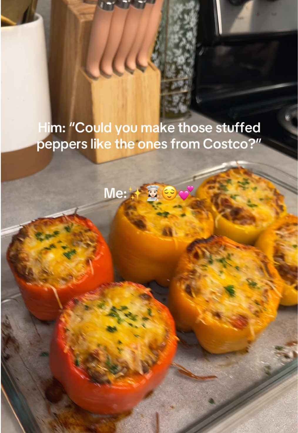 I could eat these on repeat✨🍚🫑 #healthyrecipes #quickdinner #easymeals #mealprep #healthyliving Recipe: Take 6-8 bell peppers Cut tops off & save. Degut them Into a baking dish drizzle oil Add peppers and drizzle more on them Bake in over 20 mins on 400 degrees While baking Dice the tops Dice 1 yellow onion Mince 5 cloves garlic Drizzle pan with oil Add onion Then minced garlic Then peppers Add ground beef Cook 1-2lbs ground beef. 1lb to just fill peppers and 2 Ibs to have leftovers. Season with: Salt & pepper Garlic powder Onion powder Paprika Cumin Oregano Add 16oz of tomato's crushed. Cooked 1 cup rice on the side & added cooked white rice into the mixture. Added 1 cup cheese into that as well Mix well. Add the filling into peppers. Top w/ cheese I used what I had Bake in oven at 425 degrees for 25 minutes uncovered then broil 2-3 mins on high. I garnished with Italian curly parsley. enjoy