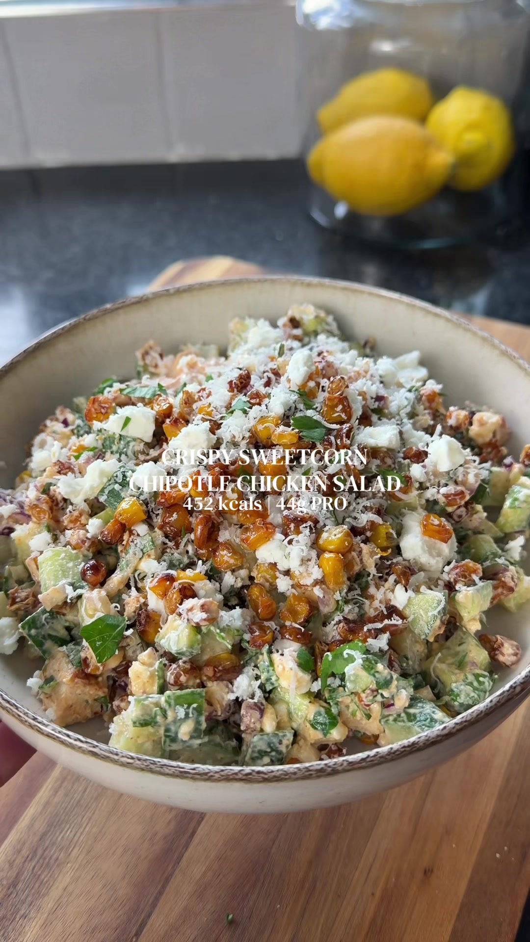 Crispy Sweetcorn Chipotle Chicken Salad 🌽🥗  Trust me when I say this crispy sweetcorn chipotle chicken salad is about to become your new obsession!! 😍 It’s crunchy, fresh, smoky, packed with flavour and makes the perfect high protein meal prep for the week. Save for later☝🏼 •452 kcals (not including tortilla chips) •44g PRO, 25g CHO, 18g FAT Serves 1: -100g of uncooked chicken breast -1 tsp of paprika -1/2 tsp of garlic granules -Oil spray -80g of drained sweetcorn -Salt/pepper -1/4 of a large cucumber, finely diced -1/2-1 red onion, finely diced -Handful of fresh parsley and/or coriander, chopped  -30g of feta cheese, crumbled  -2 tbsp of grated parmesan  -Tortilla chips, to serve (optional & not included in calories) Dressing: -100g of 0% Greek yoghurt -1 tsp of olive oil -1 tsp of chipotle paste -Squeeze of lemon juice -Salt/pepper Method: 1. Season chicken with paprika and garlic granules. Spray with oil and air fry or cook in the oven at 180°C for 15-20 minutes. Chop into chunks once cooked and cooled.  2. Place corn in a lined air fryer, season with salt and pepper. Spray with oil and air fry at 180°C for 15-20 minutes until charred and crispy.  3. Remove seeds from the cucumber and finely dice along with red onion and parsley.  4. For the dressing, mix all the ingredients together. 5. Add the cucumber, red onion, chicken, parsley, half of the feta cheese, 1 tbsp of parmesan, half of the crispy corn and the dressing. Toss together. 6. Serve in a bowl, top with the remaining feta, corn and 1 tbsp of parmesan. Enjoy on it’s own or with some tortilla chips on the side. Enjoy! #crispysweetcorn #highproteinmeals #mealprepideas #healthyrecipes #easylunchideas 