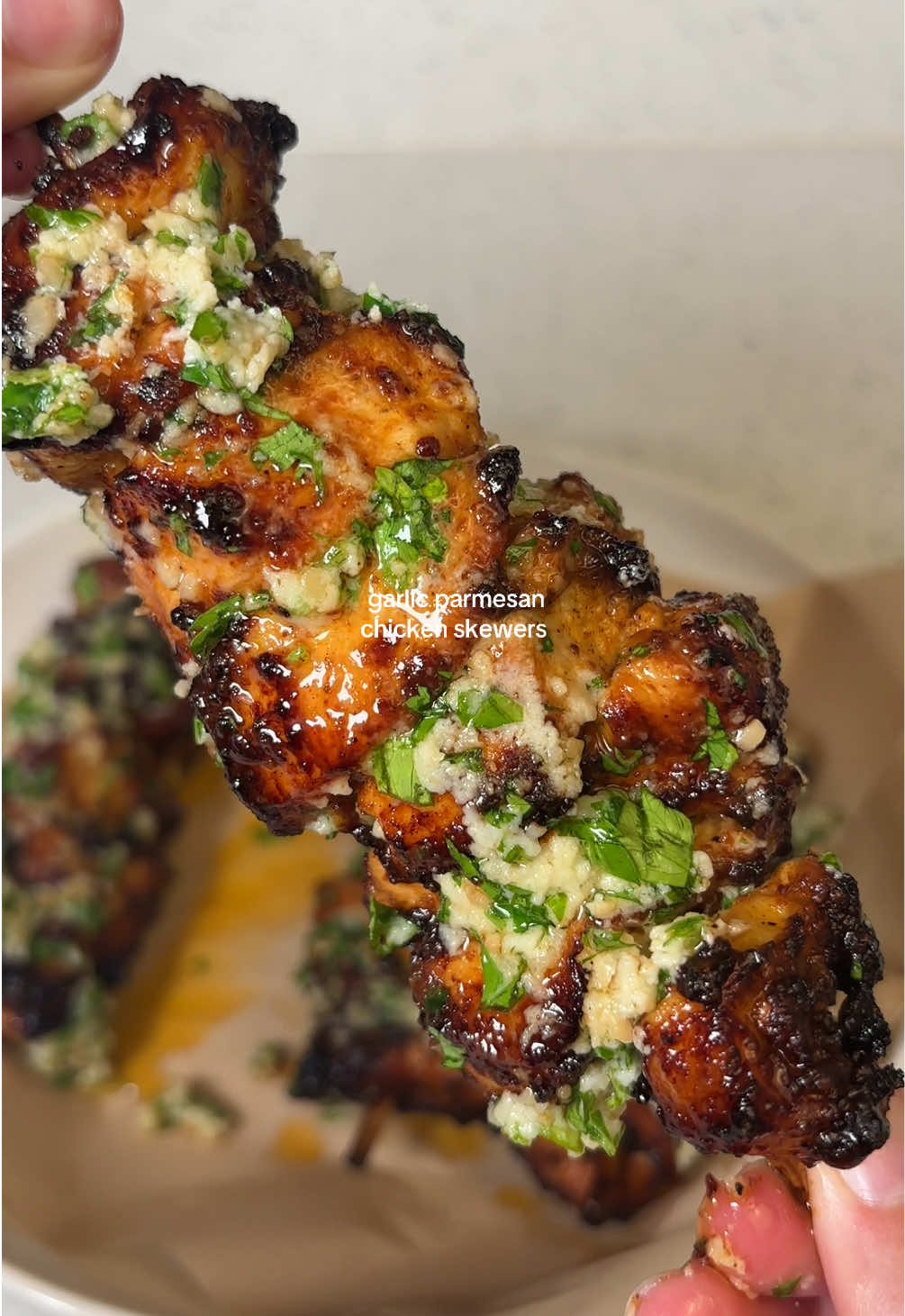 garlic parmesan chicken skewers 🧄🌿 ingredients you’ll need: 2 lb chicken breast cubed 2 tbsp olive oil seasonings: chili powder, paprika, onion powder, black pepper, @Kinder's Flavors garlic and herb seasoning  1/4 cup grated parmesan cheese 2 tbsp light mayo  mix well and place on skewers air fry at 400F for 12 minutes, flip the skewers and air fry at 400F for 10 more minutes garlic butter- 1 stick of butter melted  2 tbsp minced garlic fresh thyme garlic parm sauce- 1/2 cup of chopped parsley 1/3 cup grated parmesan cheese 1-2 tbsp light mayo  garlic butter  brush the garlic parm sauce on the chicken skewers while they are still hot  #garlicparmesan #airfryerrecipes #chickenbreast #mealprep #dinnerideas 