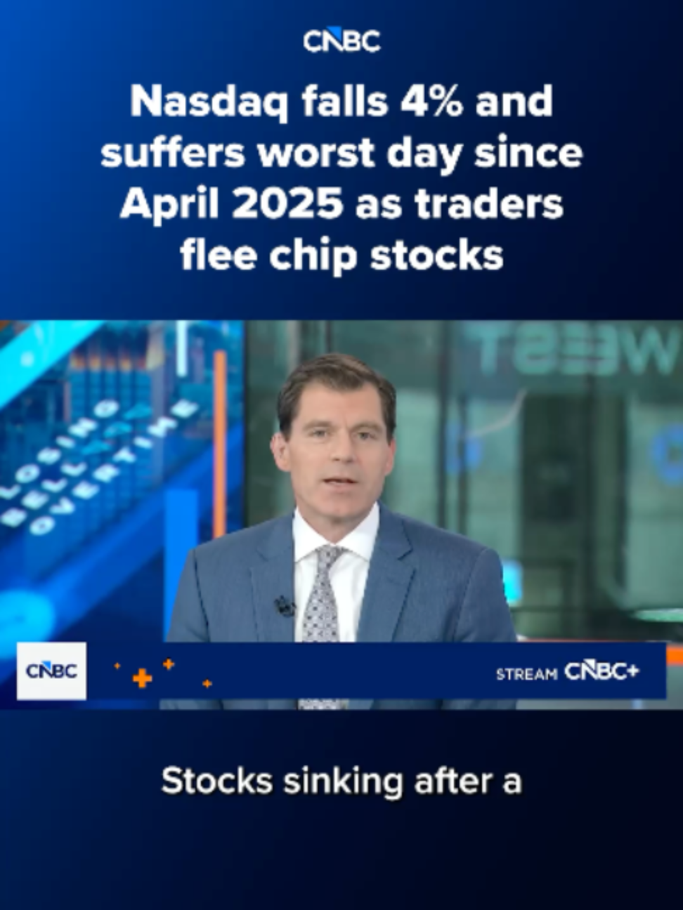 U.S. equities tumbled Friday because of a violent sell-off for chip stocks. The tech-heavy Nasdaq Composite lost 4% for its biggest decline since the tariff turmoil of early 2025. Read more here at the #linkinbio or the link on screen. #CNBC #nasdaq